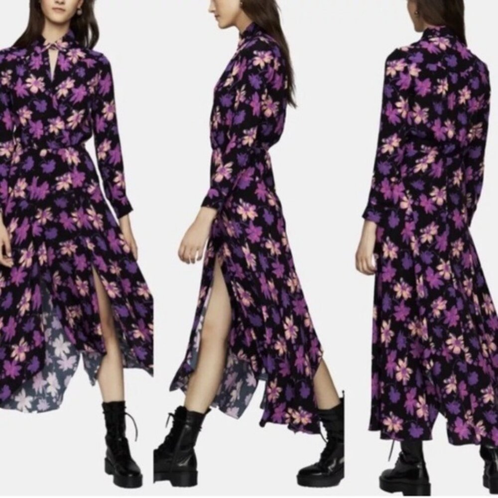 Maje Floral Maxi Dress Purple Pink Button Front Slit Long Sleeve Size 1 (S)